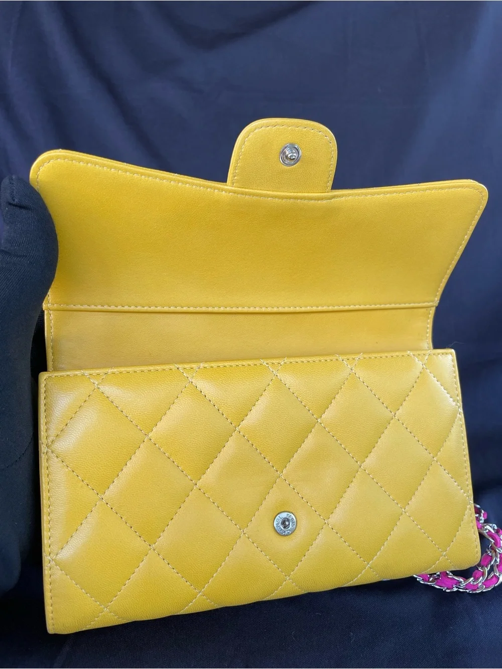 AUTH. Chanel Flap trifold wallet with silver tone hardware.